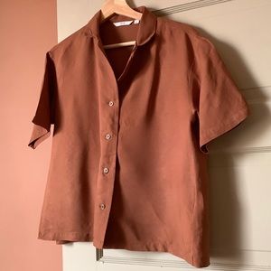 Uniqlo Linen Blend Open Collar Short Sleeve Shirt - Brown/Small